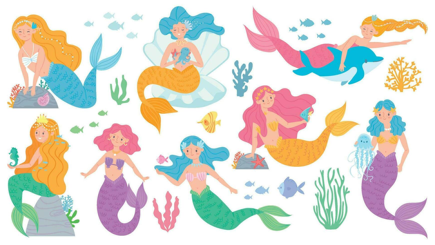 Mermaid. Cute mythical princess, little mermaids and dolphin, seashell and seaweeds, fishes and corals underwater game vector characters