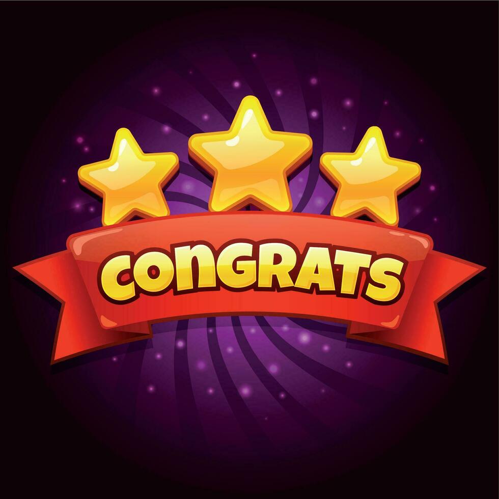 Congratulations game screen. Golden Congrats sign with three gold stars, casual games level up achievement screen cartoon vector illustration