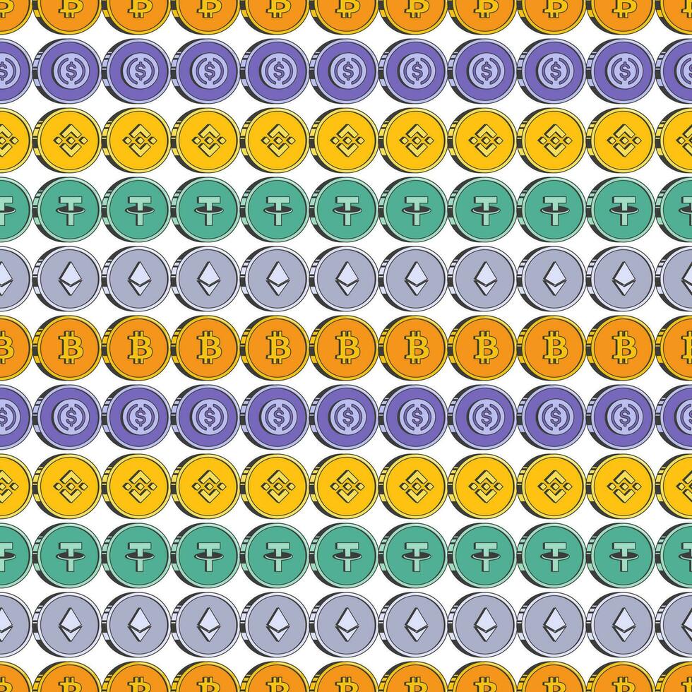 Seamless pattern about digital currency with Bitcoin, Ethereum, Binance, Tether and USD coin coins. Vector illustration in retro style