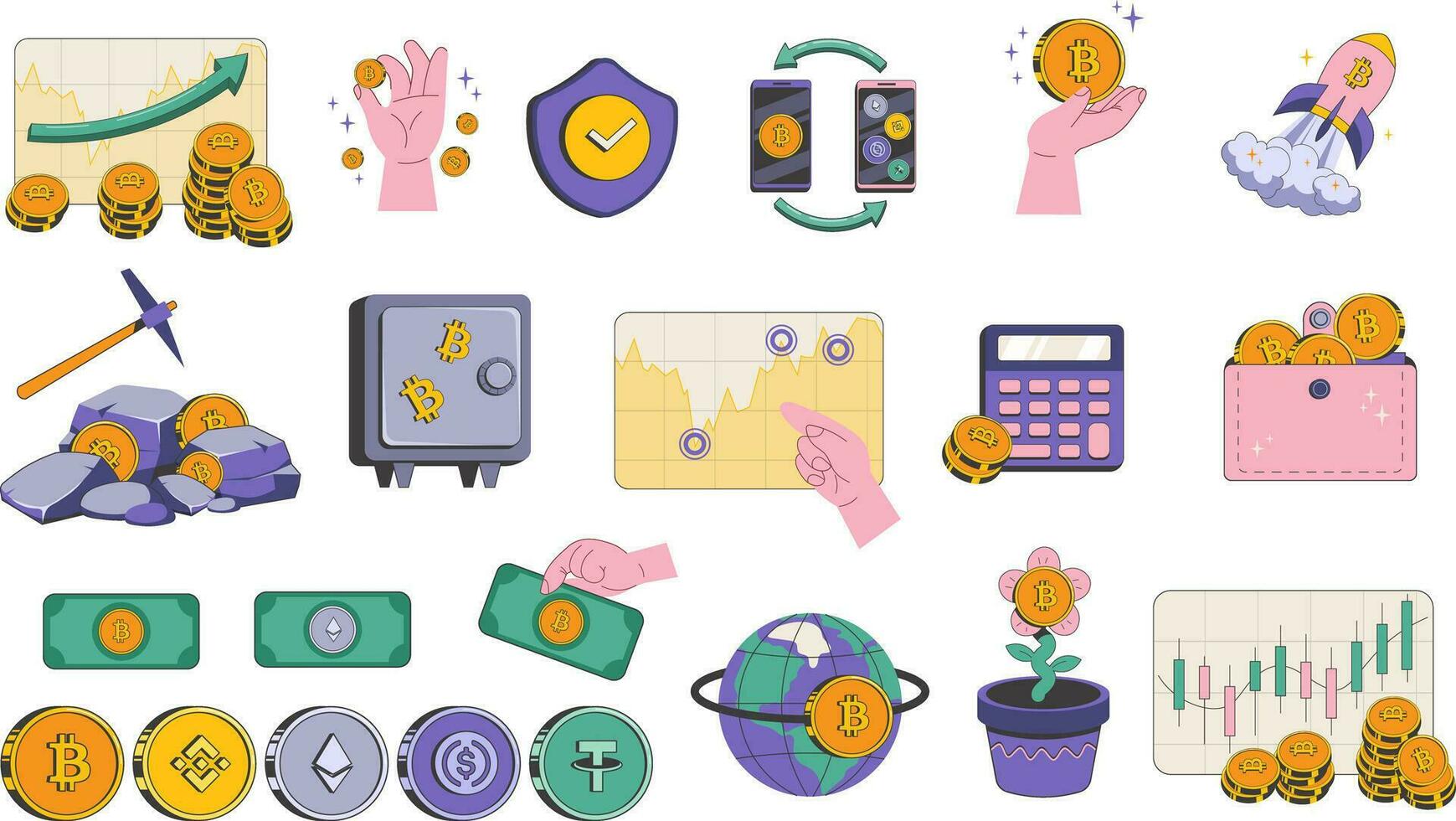 Large set of icons about cryptocurrency. Trading charts, hands with bitcoin gold coins, financial growth, mining, blockchain, coin exchange vector