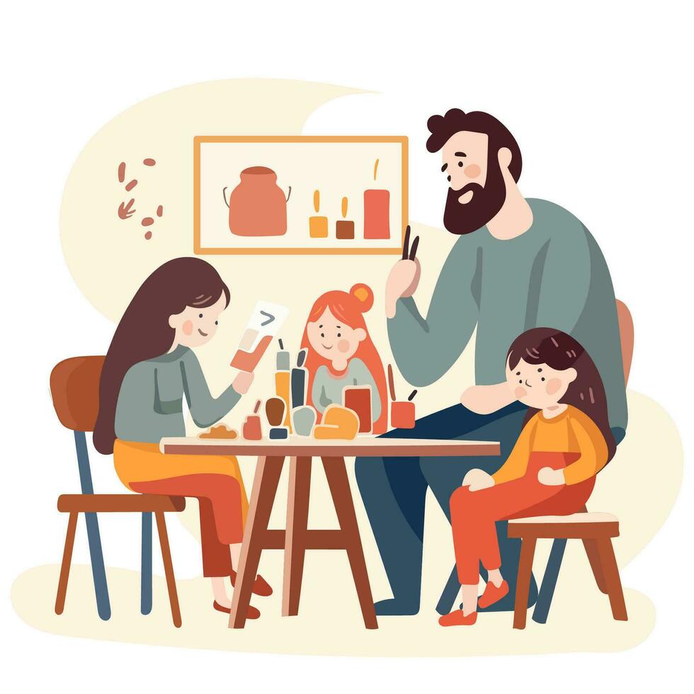 familia ocupaciones Entre padre y hija leer libros felizmente. vector ilustración en plano estilo.