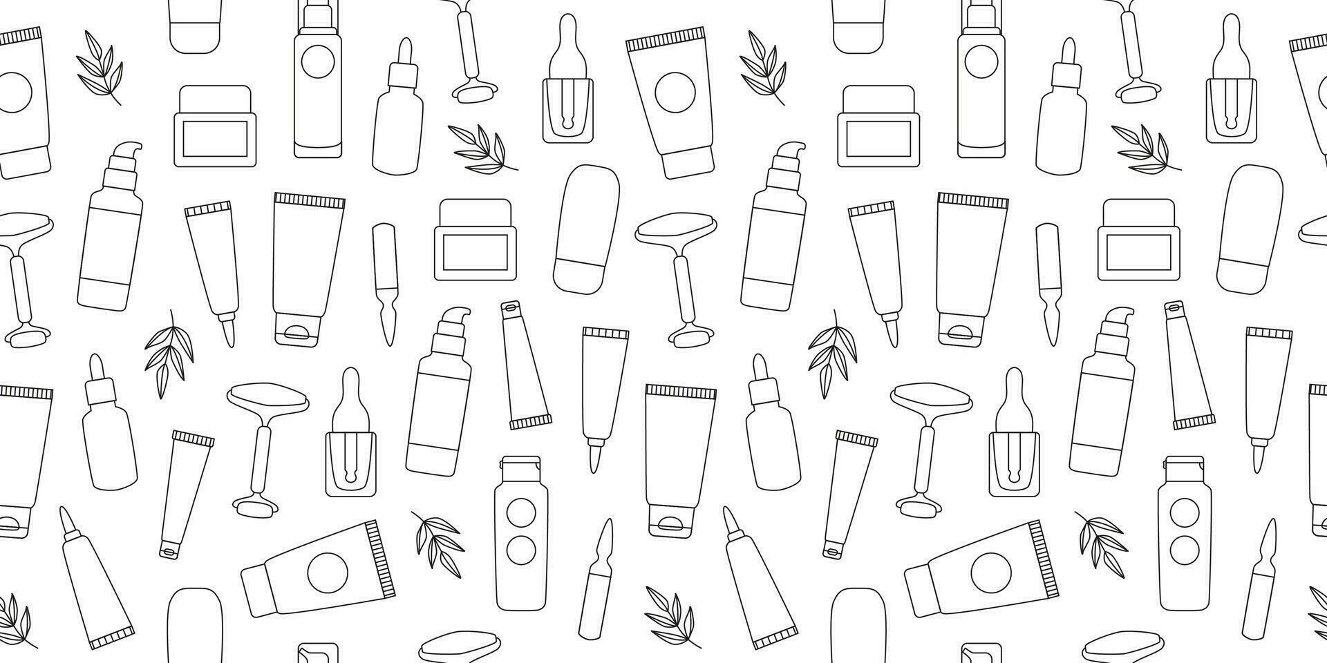Linear natural eco cosmetics seamless pattern. Serum, cleanser, moisturizer, toner, face roller. Beauty routine. Anti-age. Cosmetic packaging - bottles, jars, tubes. Background, wrapping paper. vector