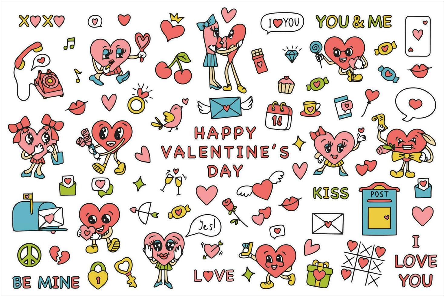 Trendy groovy valentines day sticker set. Retro valentines day. 70s 60s aesthetics. Vintage comic vector. Vector illustration. Vector