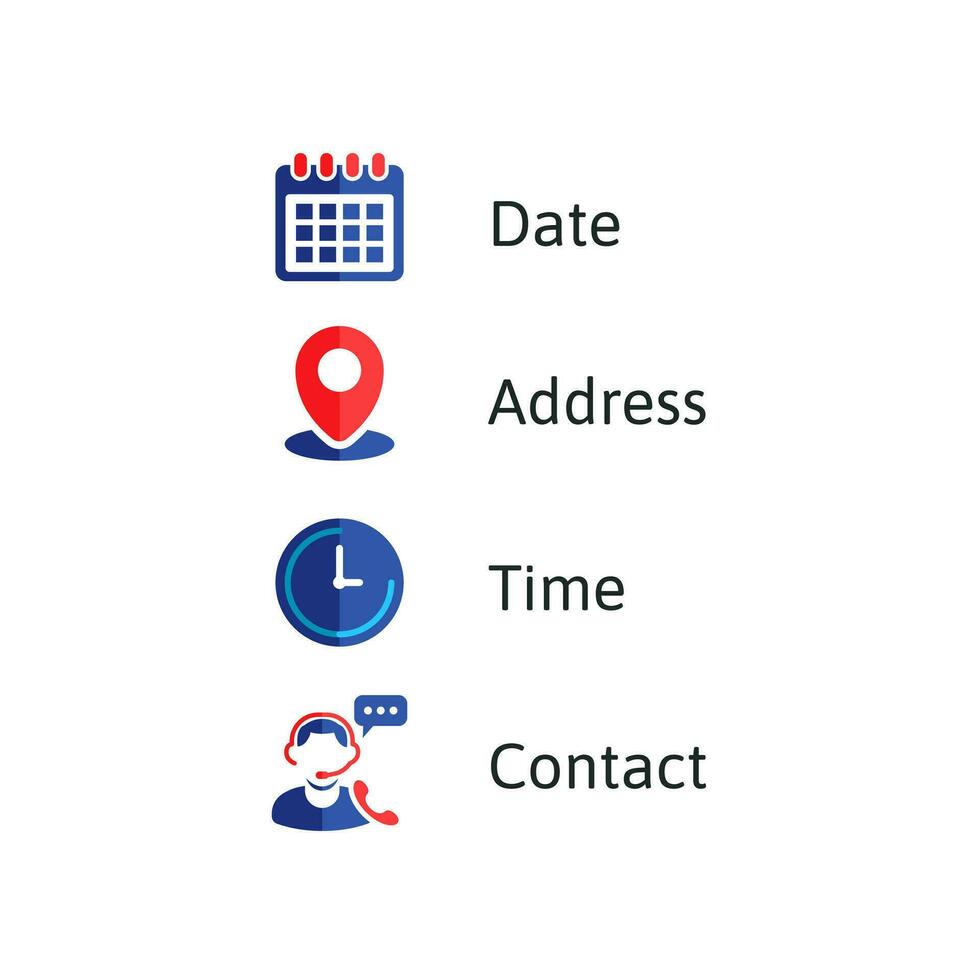 Address, date, time, contact icons vector illustration