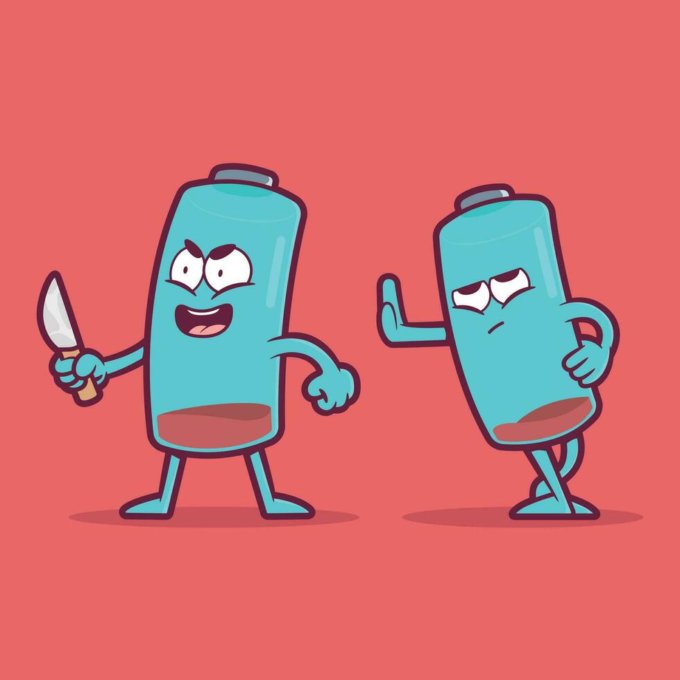 Low Battery Characters with angry faces vector illustration. Energy, power, life design concept.