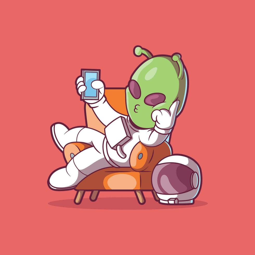 frio extraterrestre sentado en un sofá tomando un selfie vector ilustración. tecnología, espacio, extraterrestre diseño concepto.