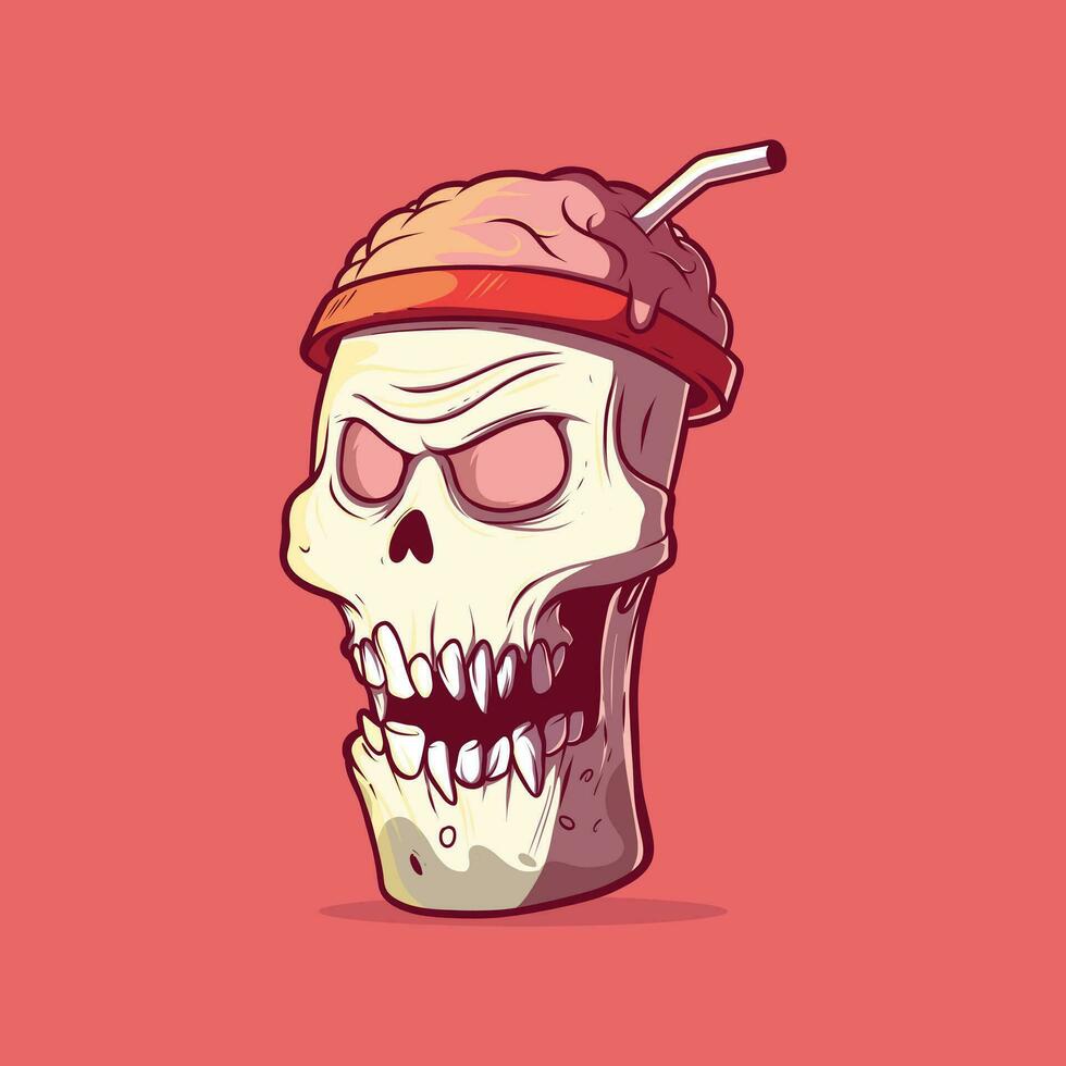 hielo crema taza como un de miedo cráneo personaje vector ilustración. alimento, aterrador, mascota diseño concepto.