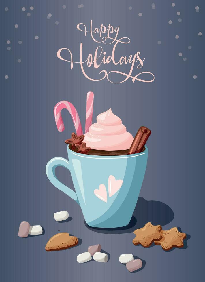 invierno caliente chocolate, café con canela, crema, Navidad caramelo caña, Malvaviscos y galletas. contento Días festivos inscripción. linda Navidad saludo tarjeta diseño elemento. vector