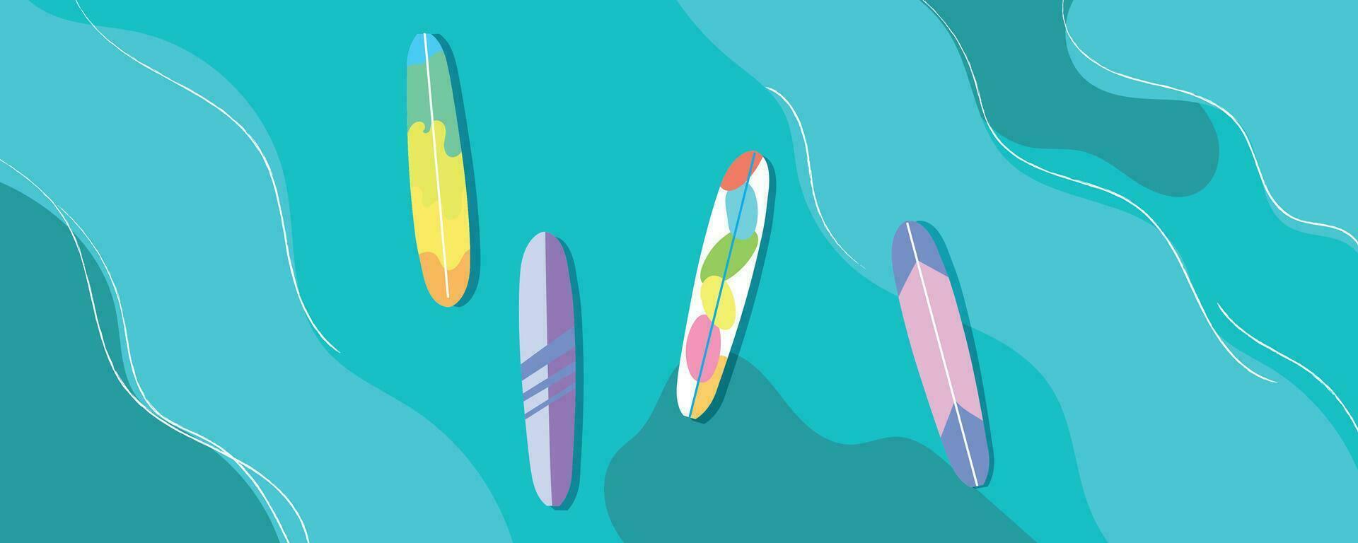 Summer sea background. Top view sea with with surfboards. Sea trip. Resort trip. Ocean relax. Summer surfing vector design.