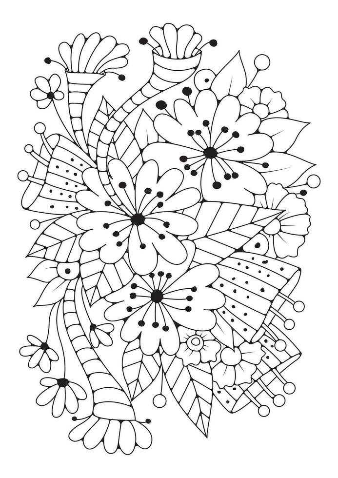 Art therapy. Vector black and white background for coloring. Magic flowers. Coloring page.