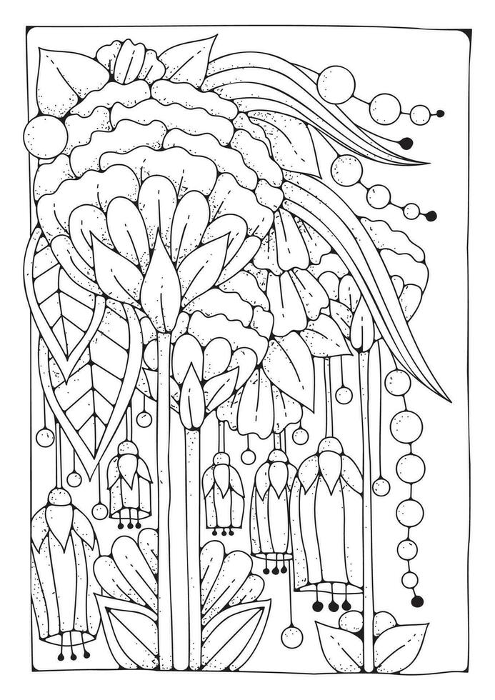 Vector illustration for coloring. A magical flower garden with large round flowers and buds. Coloring page. Art therapy.