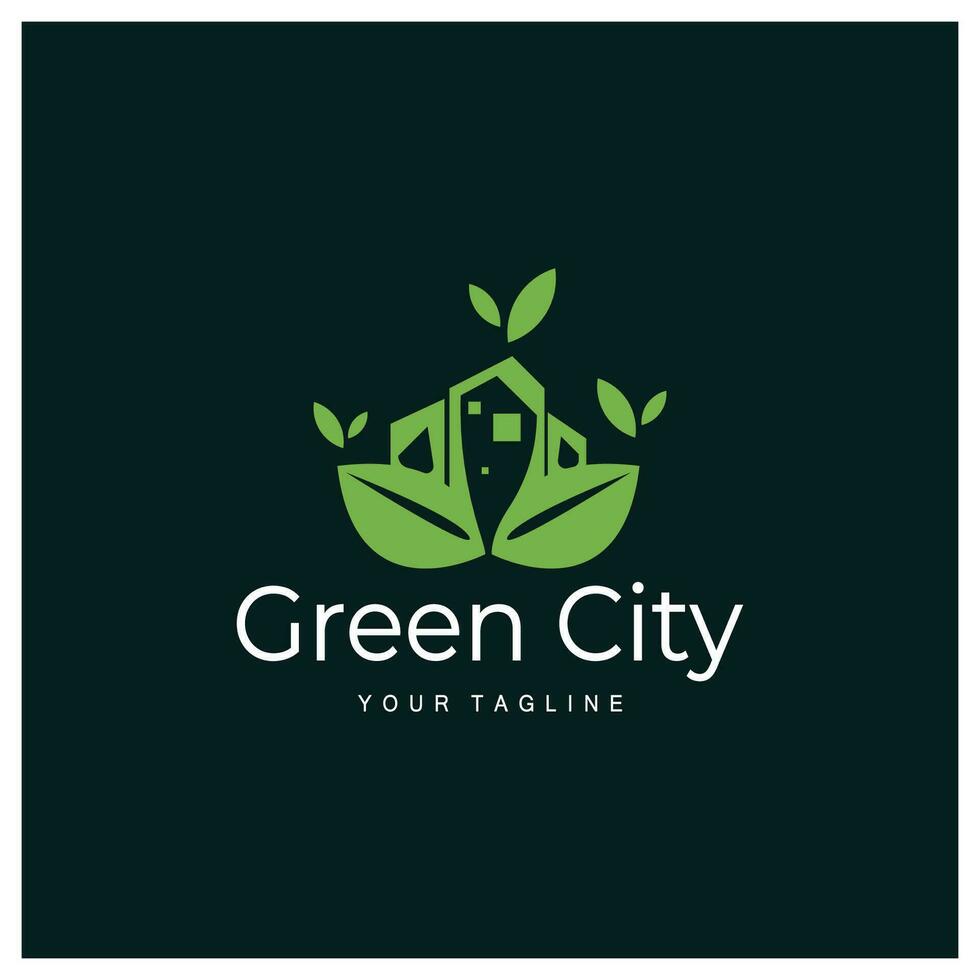 green and healthy modern city with leaf logo design for business, property, building, eco city, future city, architect, environmentally friendly vector