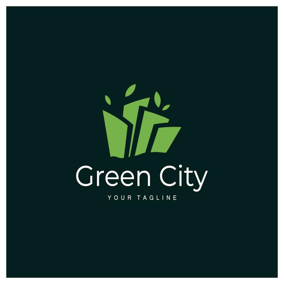 verde y sano moderno ciudad con hoja logo diseño para negocio, propiedad, edificio, eco ciudad, futuro ciudad, arquitecto, ambientalmente simpático vector