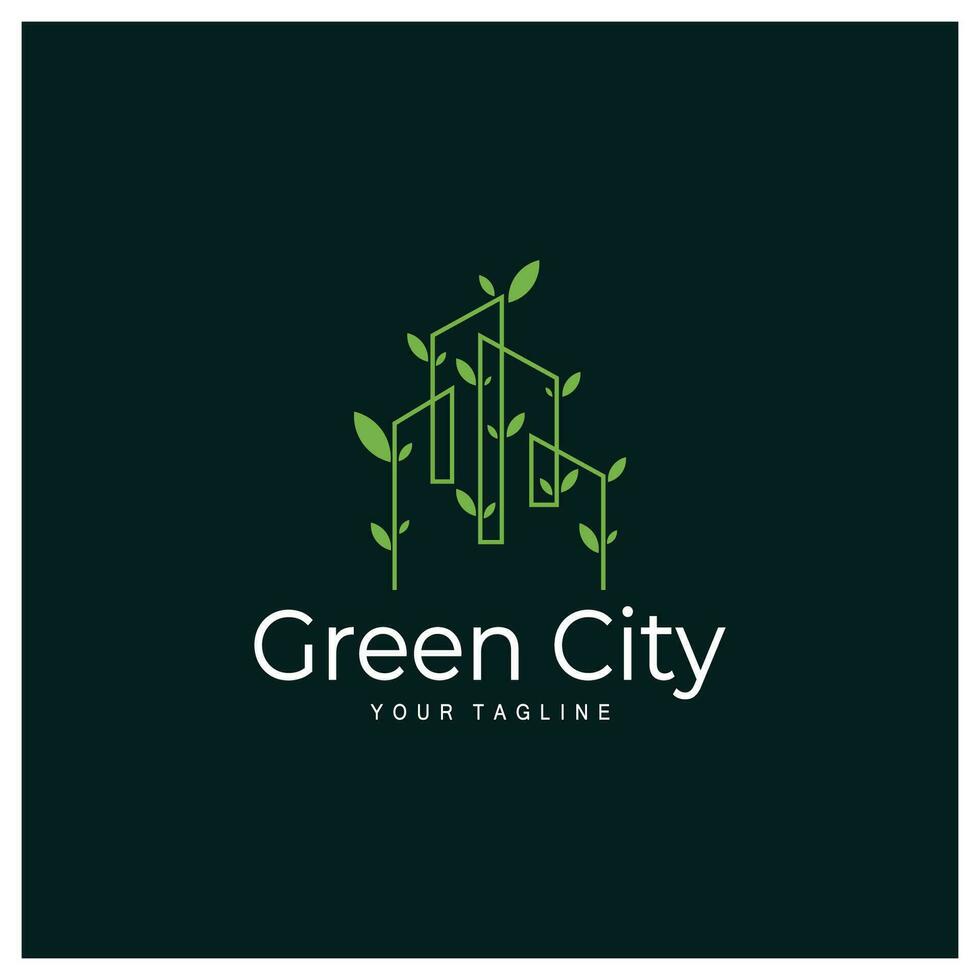 green and healthy modern city with leaf logo design for business, property, building, eco city, future city, architect, environmentally friendly vector