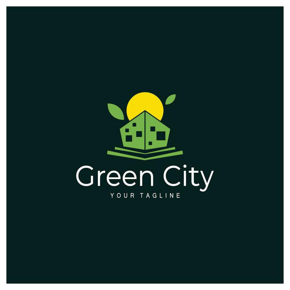 green and healthy modern city with leaf logo design for business, property, building, eco city, future city, architect, environmentally friendly vector