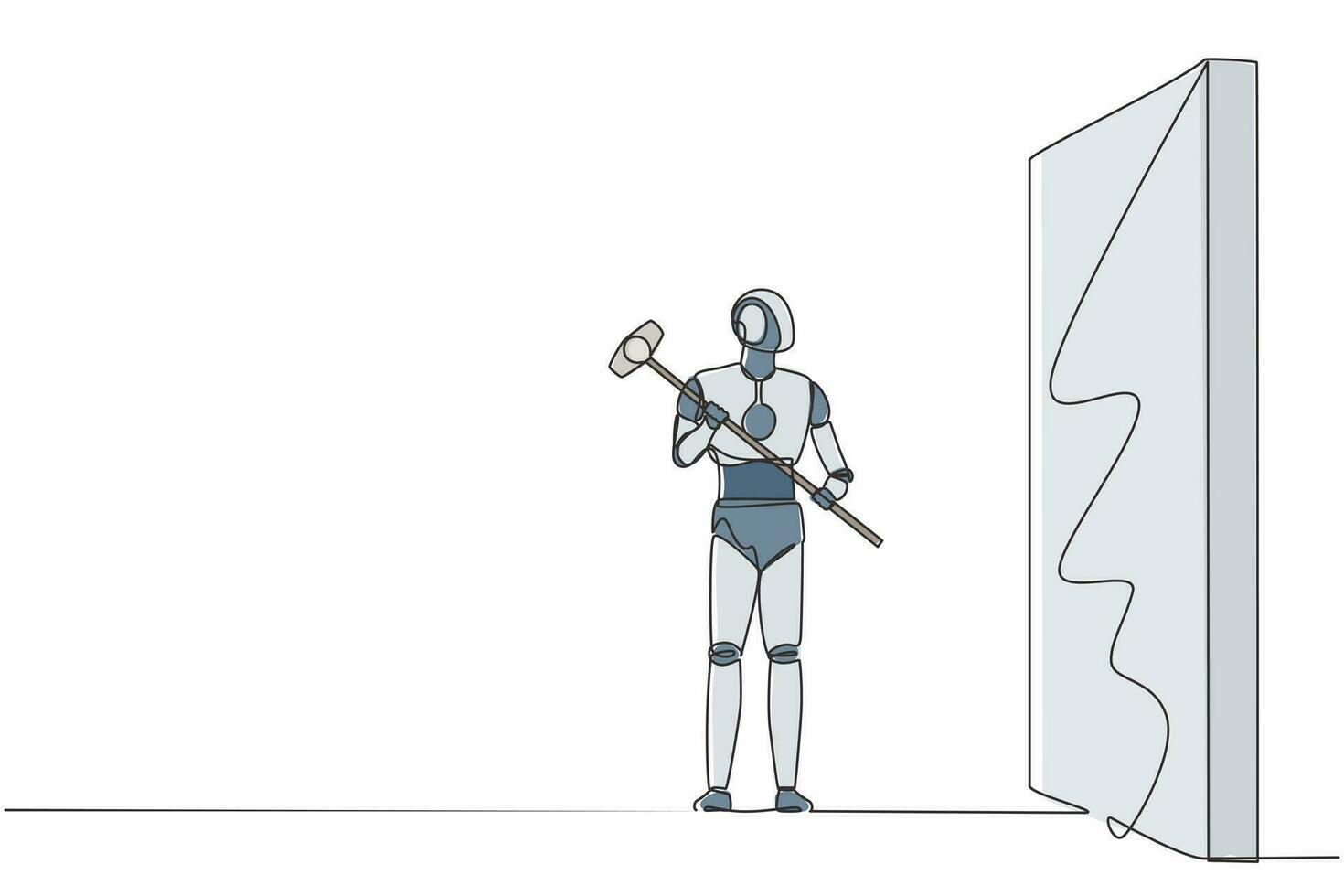 robot de dibujo continuo de una línea de pie y sosteniendo un gran martillo mientras mira hacia la pared. organismo cibernético robot humanoide. futuro desarrollo robótico. ilustración gráfica de vector de diseño de dibujo de una sola línea