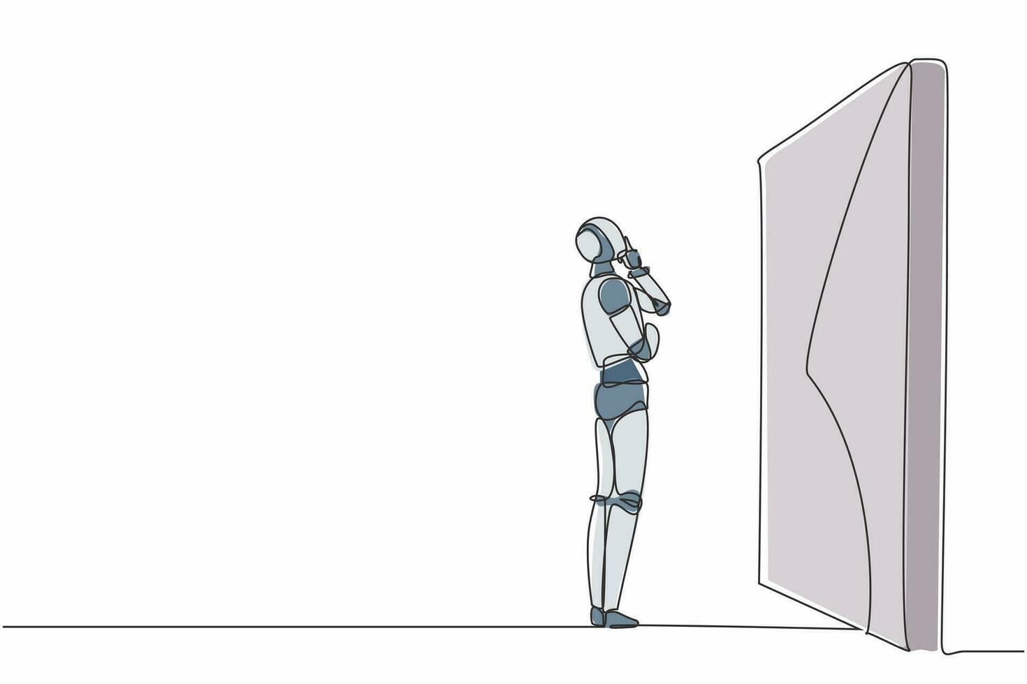 robot de dibujo de una sola línea continua pensando frente a un gran obstáculo o pared. Inteligencia artificial robótica moderna. industria de la tecnología electrónica. ilustración de vector de diseño gráfico de dibujo de una línea