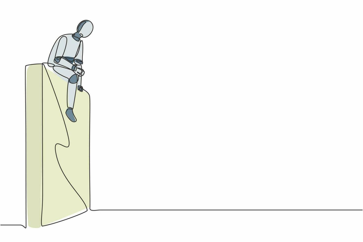 robot de dibujo de una sola línea continua triste sentado en la pared pensando en la pérdida de ganancias, crisis. tecnología de inteligencia artificial robótica. tecnología electrónica. ilustración de vector de diseño gráfico de una línea