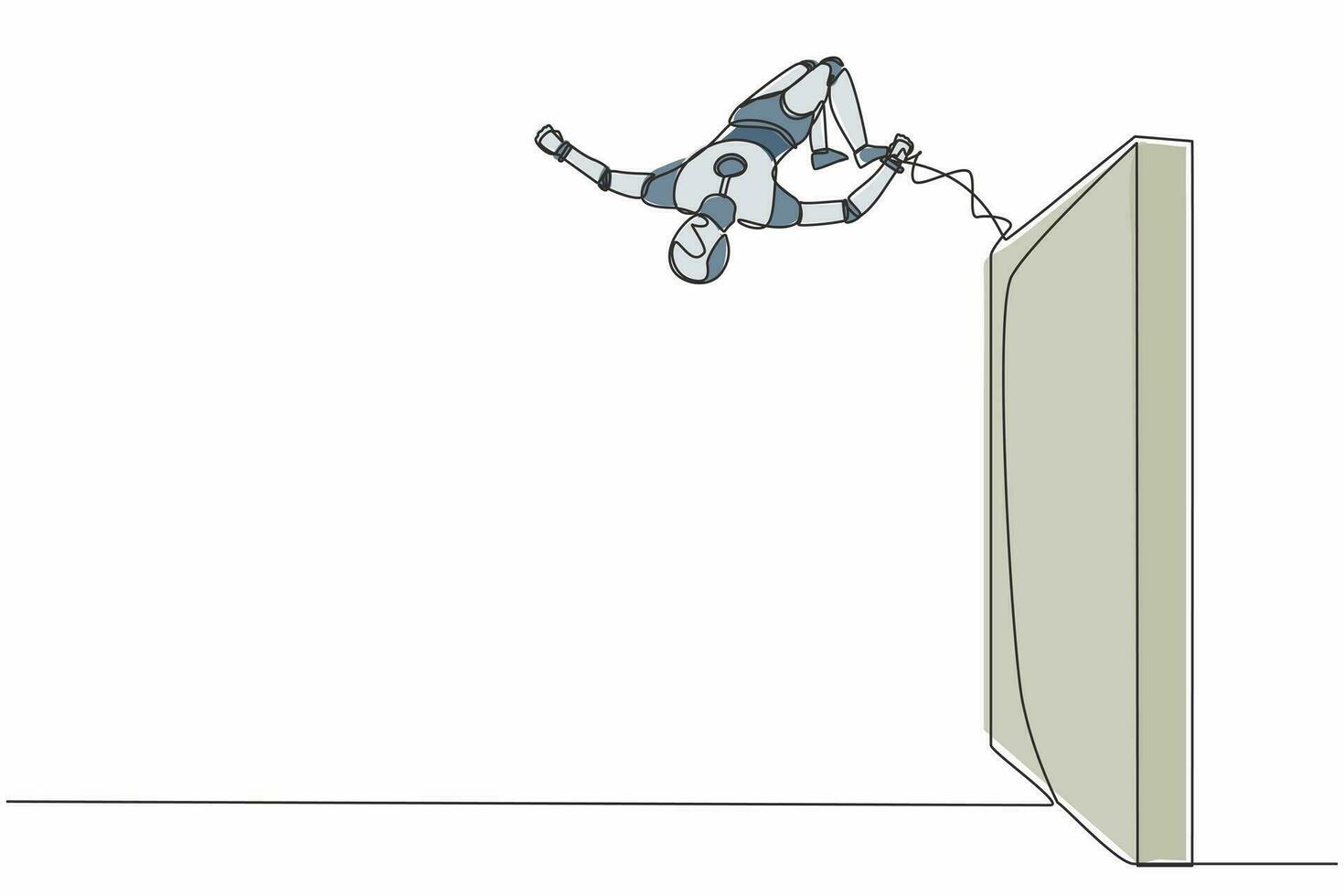 robot de dibujo de una sola línea continua saltando sobre una pared de ladrillo con estilo acrobático. Inteligencia artificial robótica moderna. industria de la tecnología electrónica. ilustración de vector de diseño gráfico de una línea