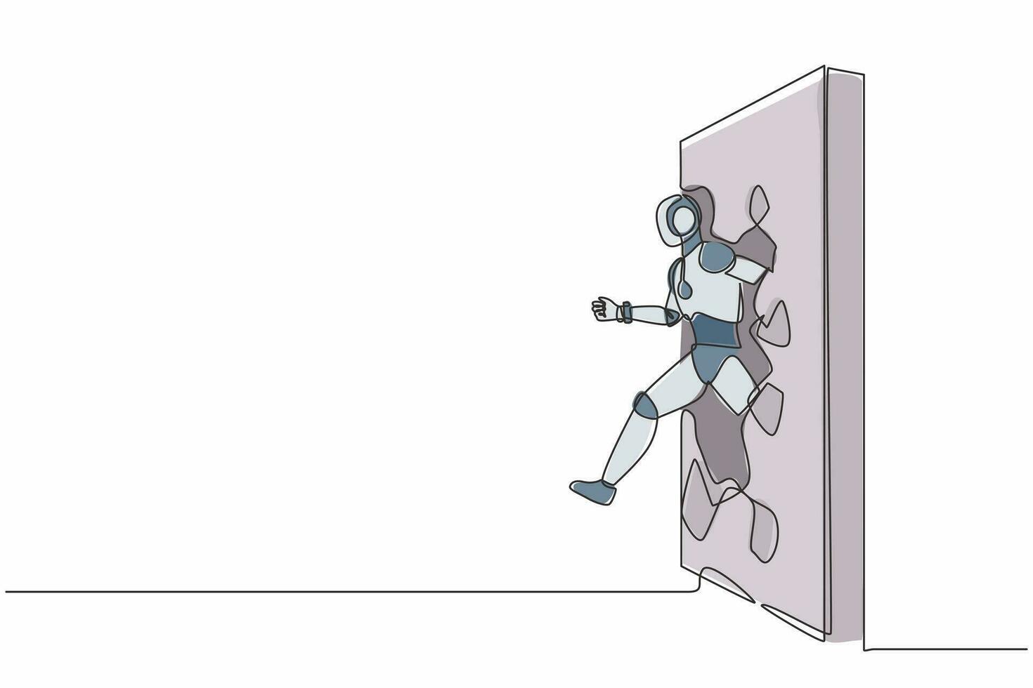 robot de dibujo de una sola línea corriendo y rompiendo la pared de ladrillo. desarrollo tecnológico futuro. Inteligencia artificial y aprendizaje automático. ilustración de vector gráfico de diseño de dibujo de línea continua