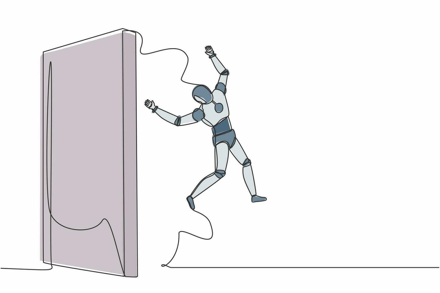 Continuous one line drawing robot managed to jump over the wall. Get new experience. Humanoid robot cybernetic organism. Future robotic development. Single line draw design vector graphic illustration