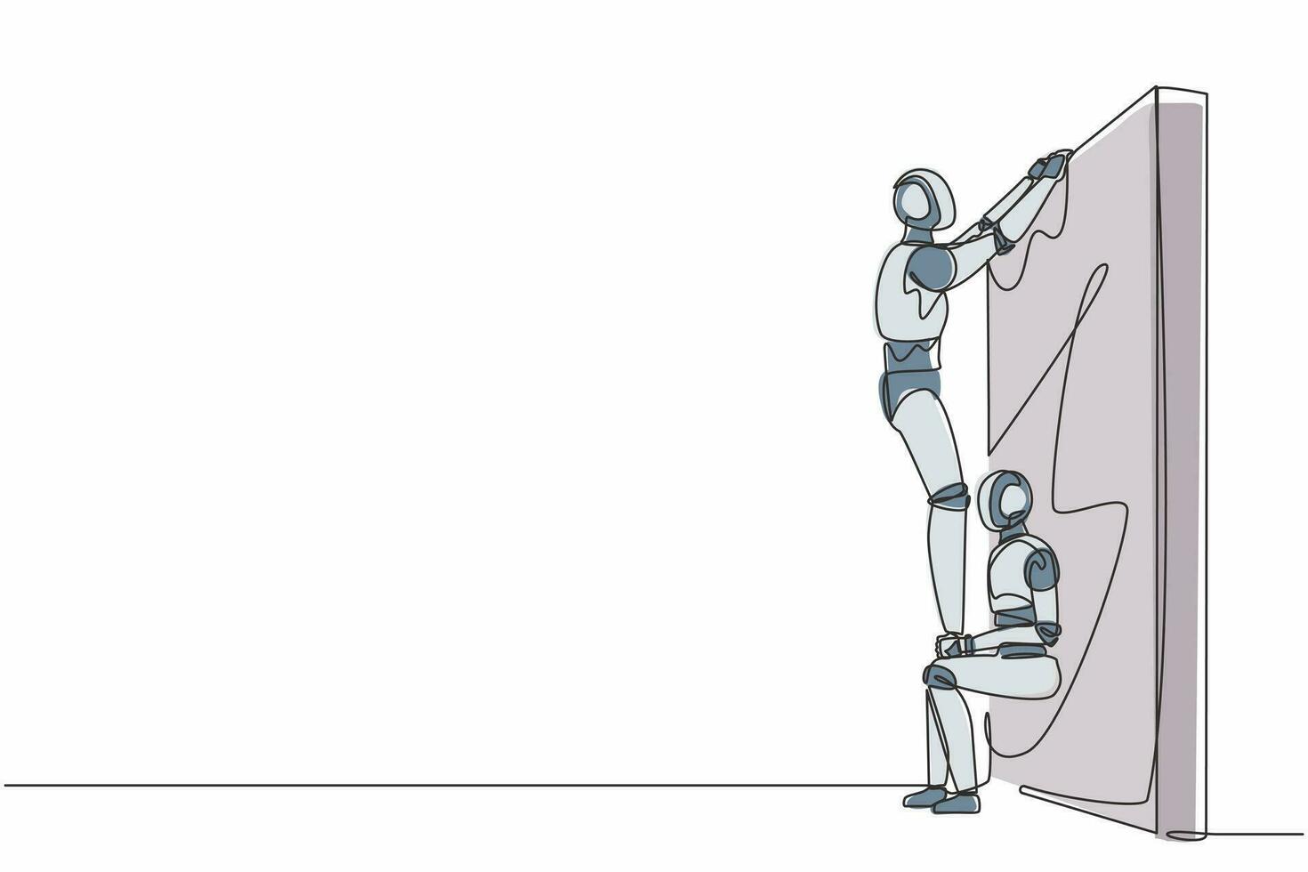 Single one line drawing robot helping to lift another robot over brick wall. Help, assistance. Future technology. Artificial intelligence machine learning. Continuous line design vector illustration