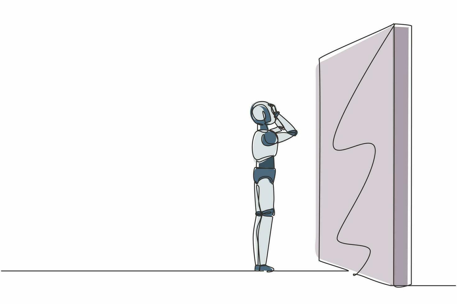 Single one line drawing robot standing and confused in front of huge brick wall barriers. Future technology. Artificial intelligence machine learning. Continuous line draw design vector illustration