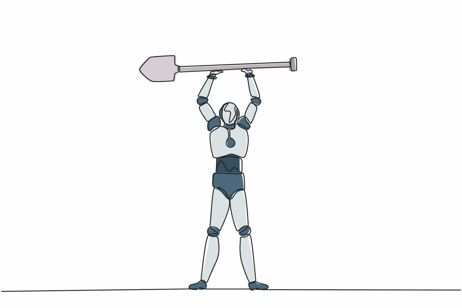 Single continuous line drawing robot standing and lifting big shovel. Success, achievement. Robotic artificial intelligence. Electronic technology industry. One line draw design vector illustration