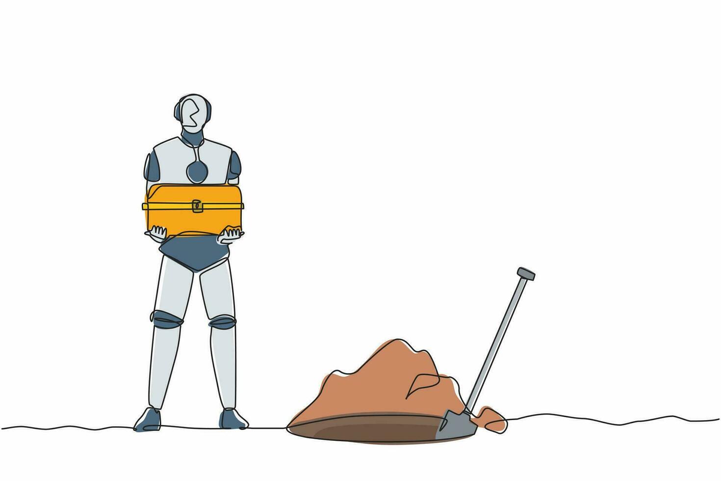 Single continuous line drawing robot standing near digging hole and holding chest treasure. Robotic artificial intelligence. Electronic technology industry. One line draw design vector illustration