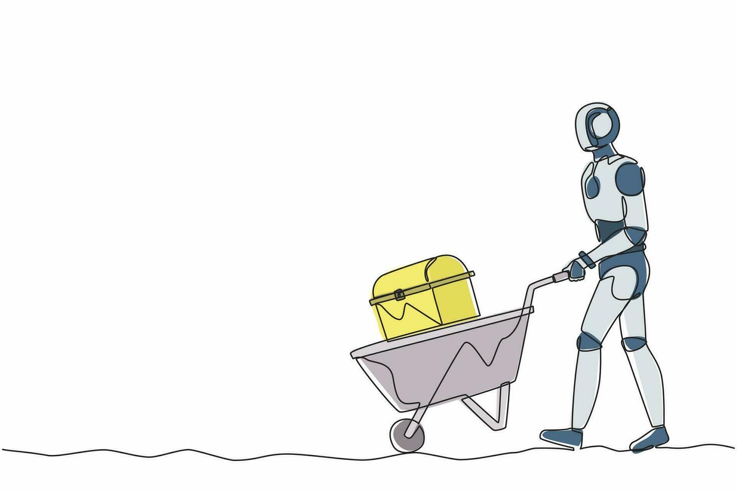 Single one line drawing robot walking and pushing trolley with chest treasure. Future technology development. Artificial intelligence and machine learning. Continuous line design vector illustration