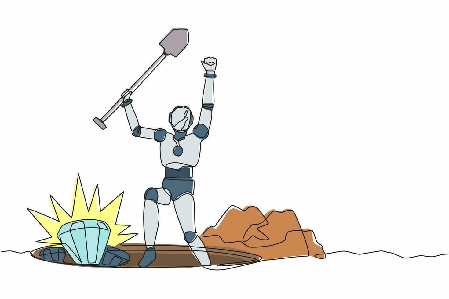 Continuous one line drawing happy robot lifting shovel and finding diamond. Humanoid robot cybernetic organism. Future robotics development concept. Single line draw design vector graphic illustration