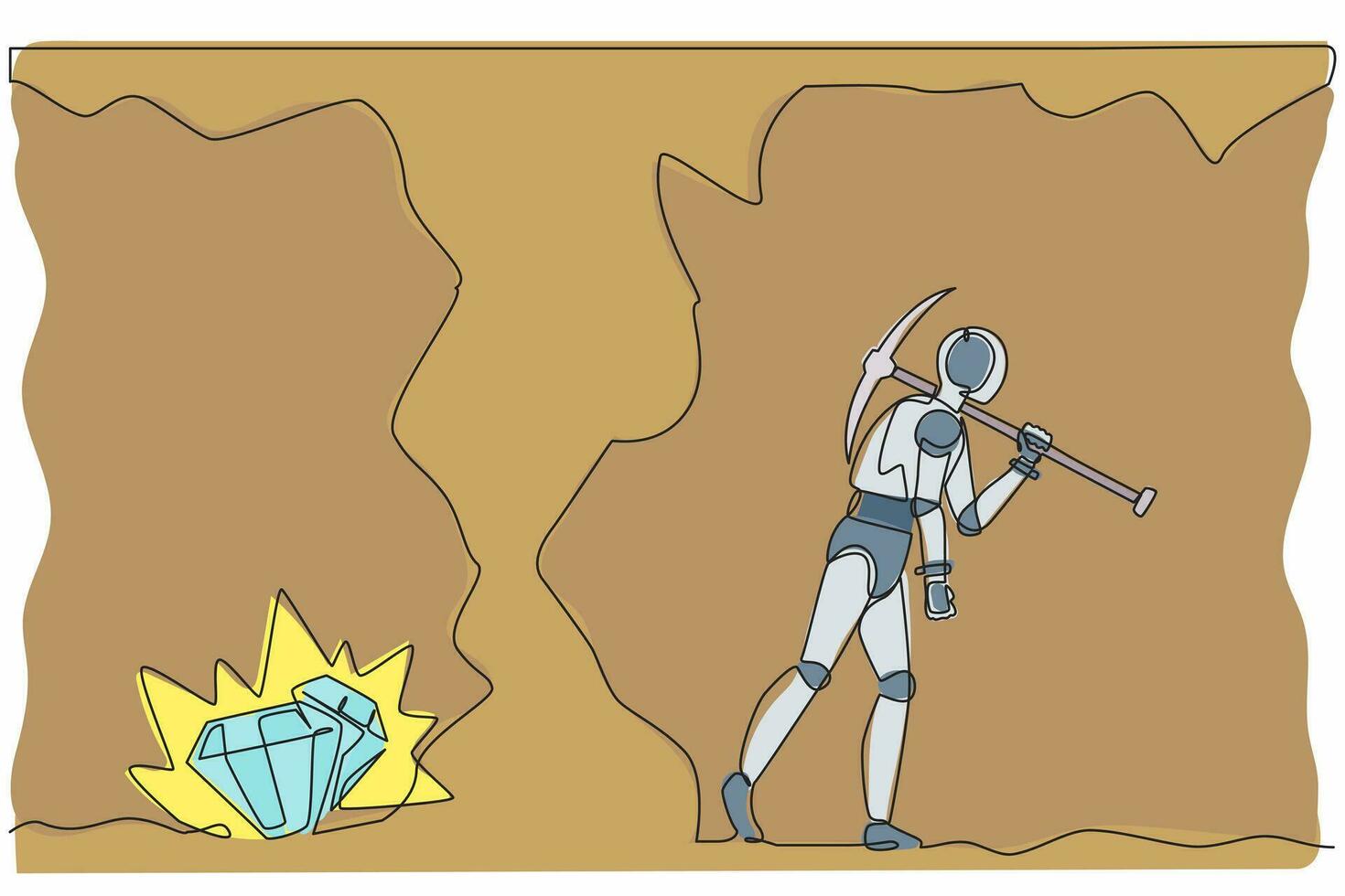 Single continuous line drawing robot gives up digging not knowing diamond is almost revealed. Robotic artificial intelligence. Electronic technology industry. One line draw design vector illustration