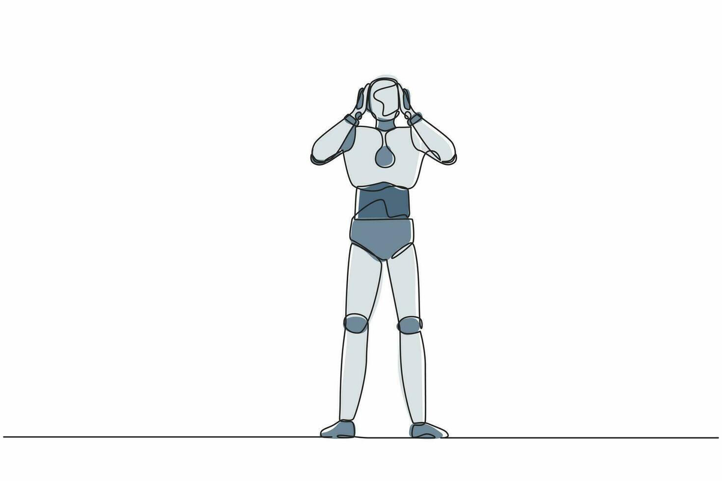 Continuous one line drawing robot covering or closing his ears with hands, making don't hear or listen gesture. Robot cybernetic organism. Future robotic. Single line draw design vector illustration
