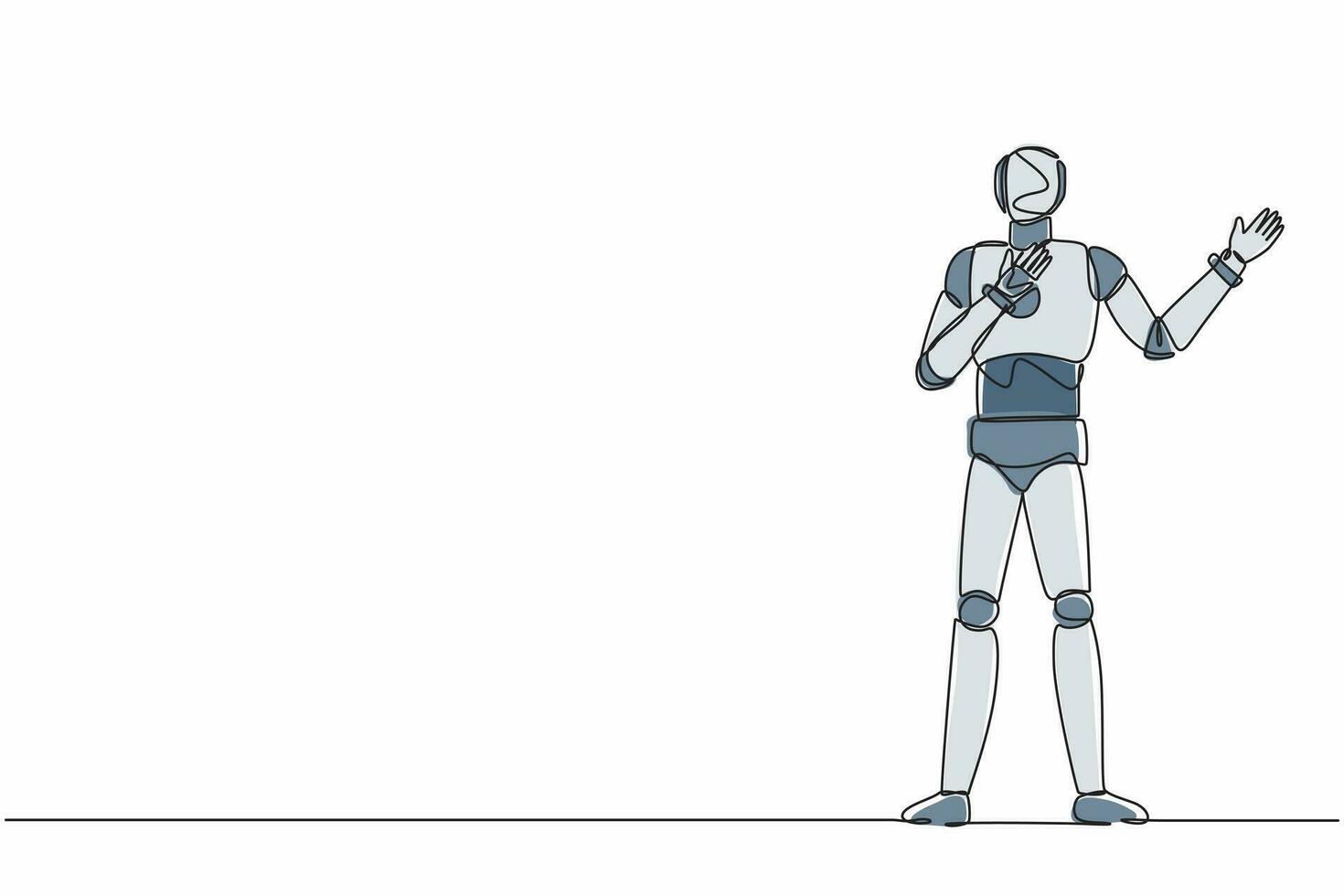 Single continuous line drawing robot pointing away hands together and showing or presenting something. Robotic artificial intelligence. Electronic technology. One line draw design vector illustration