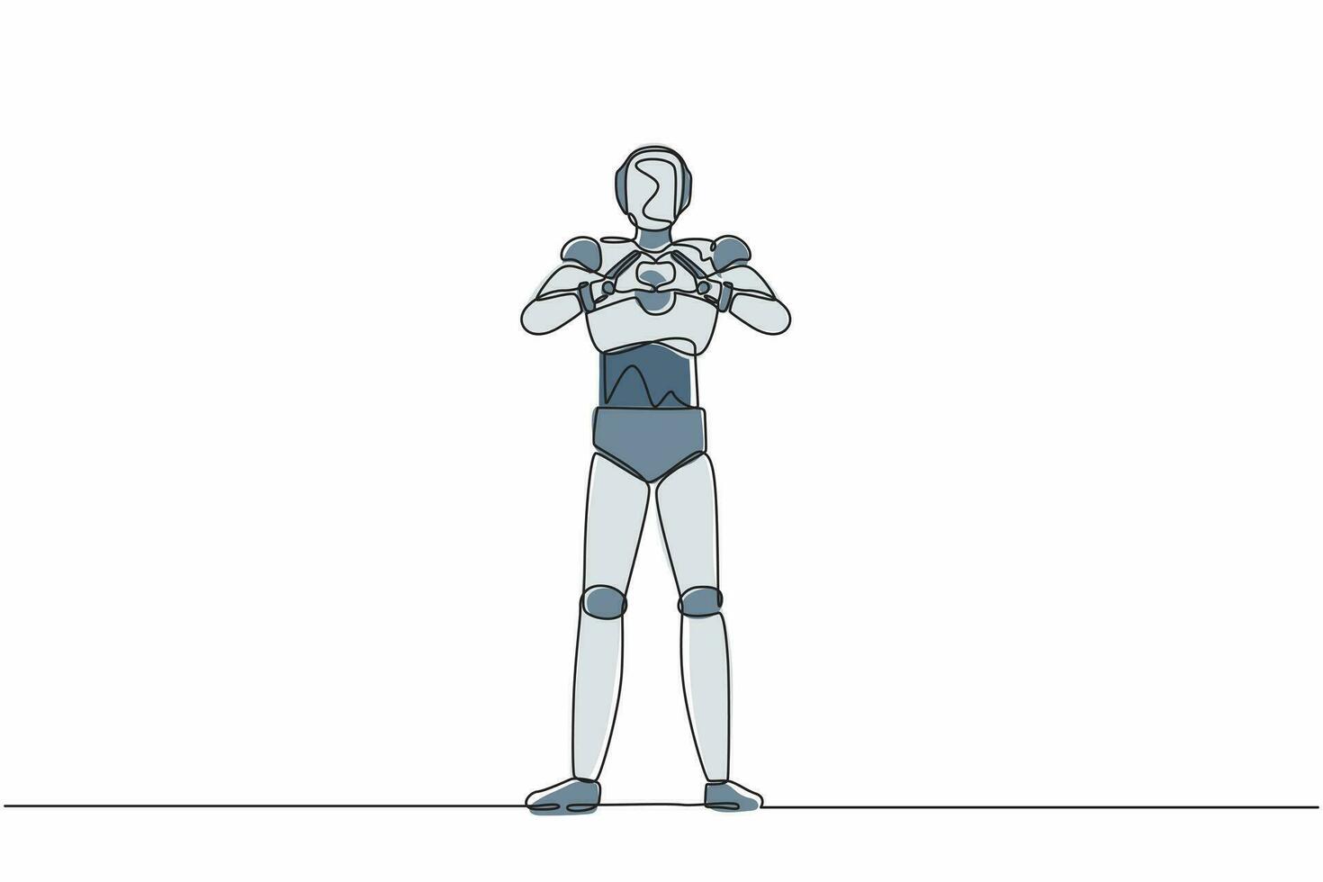 Single one line drawing robot making or gesturing heart symbol with fingers in front of chest. Future technology. Artificial intelligence machine learning. Continuous line design vector illustration