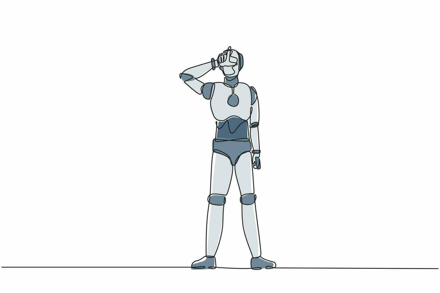 Continuous one line drawing robot making 'L' symbol, showing loser sign on forehead with fingers. Humanoid robot cybernetic organism. Future robotic. Single line design vector graphic illustration
