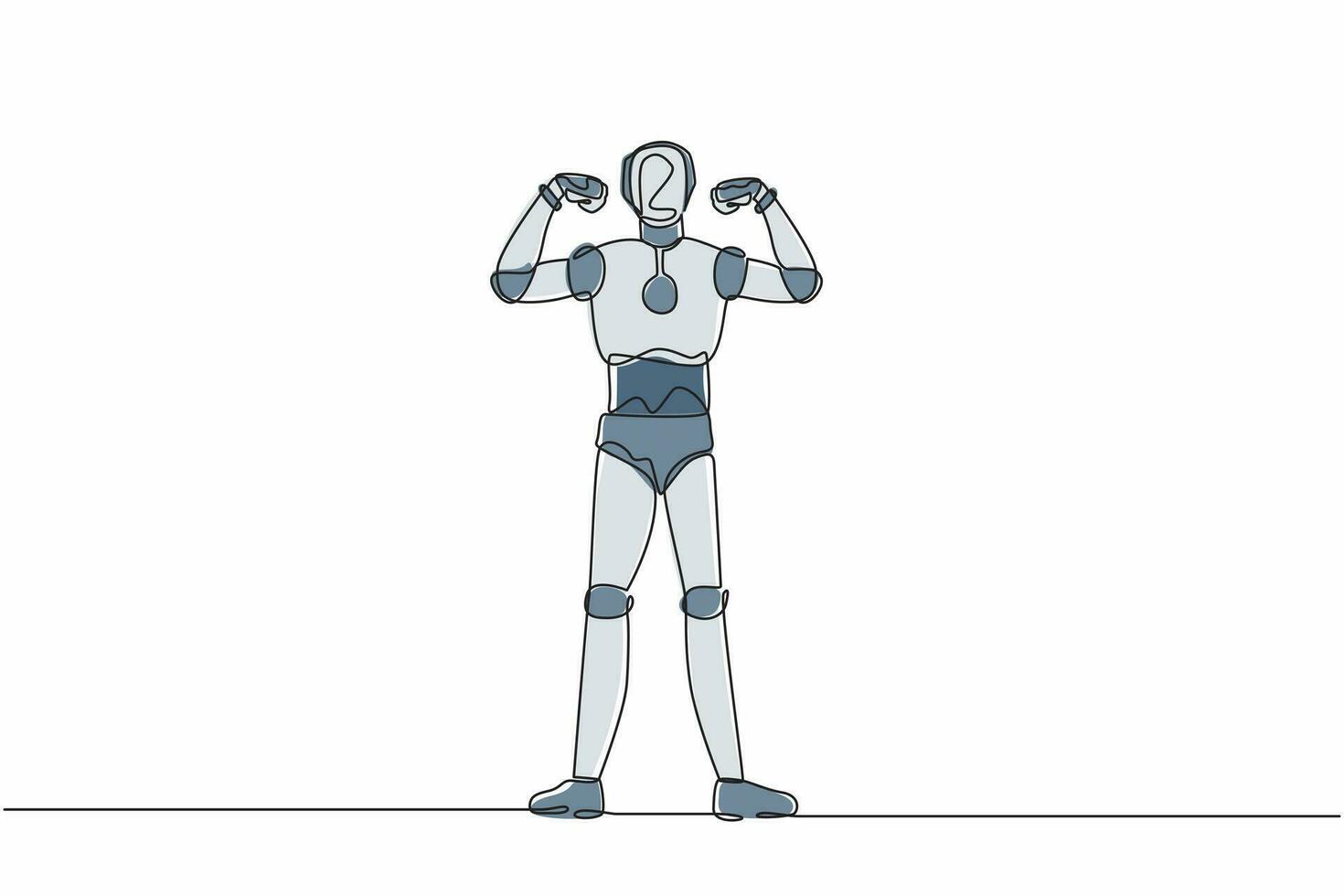 Continuous one line drawing robot with gestures two hand fist up. Strong humanoid robot cybernetic organism. Future robotic development concept. Single line draw design vector graphic illustration