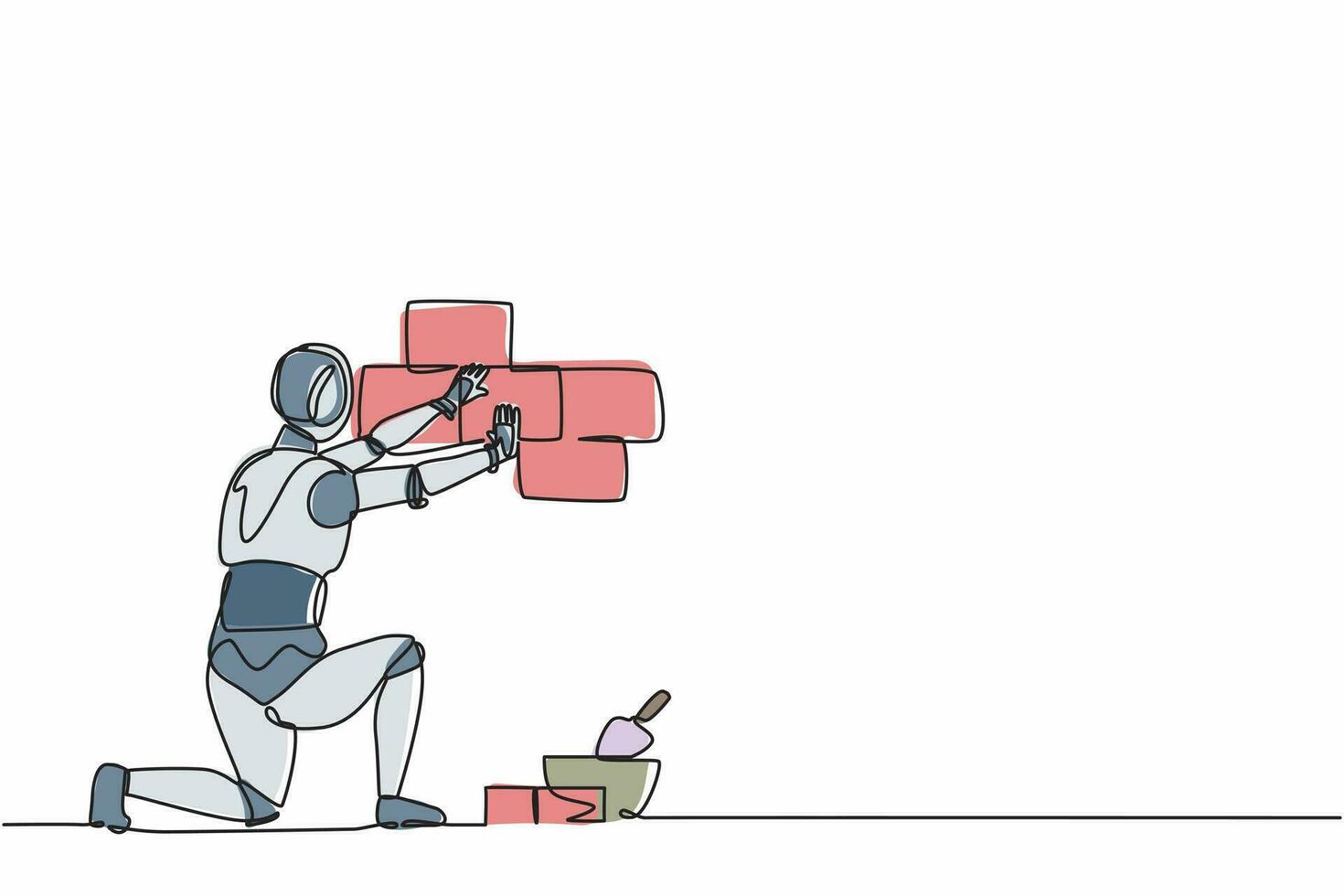 Single continuous line drawing robot repair worker laying ceramic wall tile. Modern robotic artificial intelligence. Electronic technology industry. One line draw graphic design vector illustration