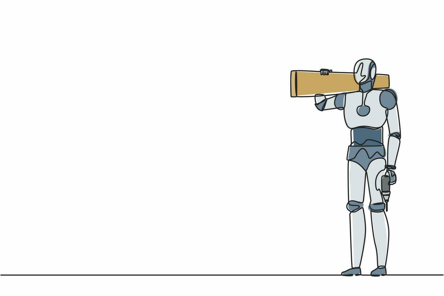 Continuous one line drawing robot repairman standing with board, tool box, and drill. Humanoid robot cybernetic organism. Future robotics development. Single line design vector graphic illustration