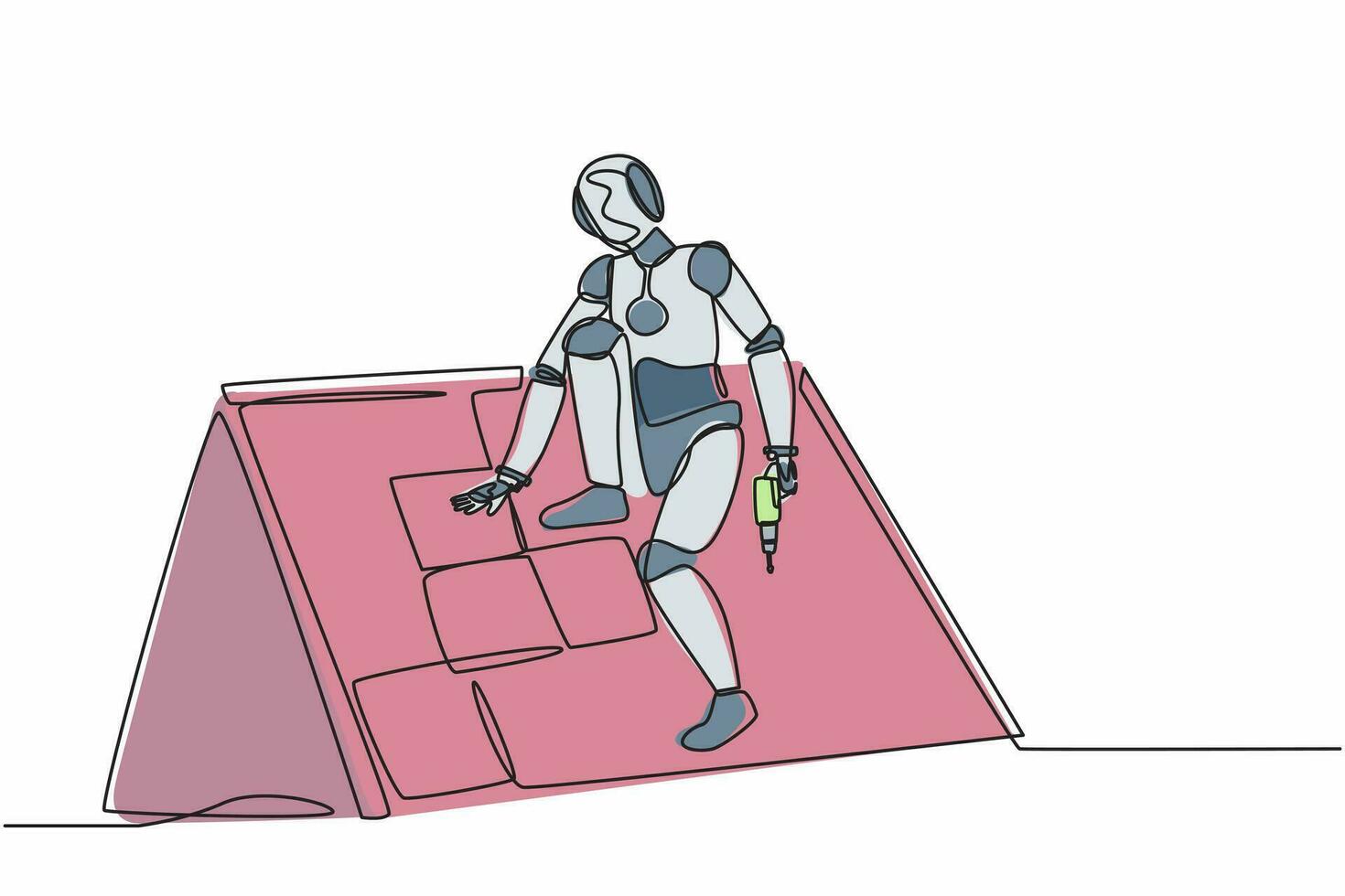 techador de robot de dibujo continuo de una línea que instala tejas de madera o betún. organismo cibernético robot humanoide. futuro desarrollo de la robótica. ilustración gráfica de vector de diseño de dibujo de una sola línea