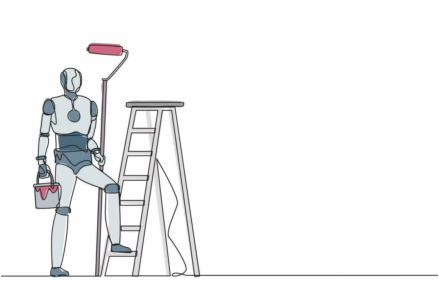 Single one line drawing robot painter standing with painting roller, with bucket and ladder. Future technology. Artificial intelligence and machine learning. Continuous line design vector illustration