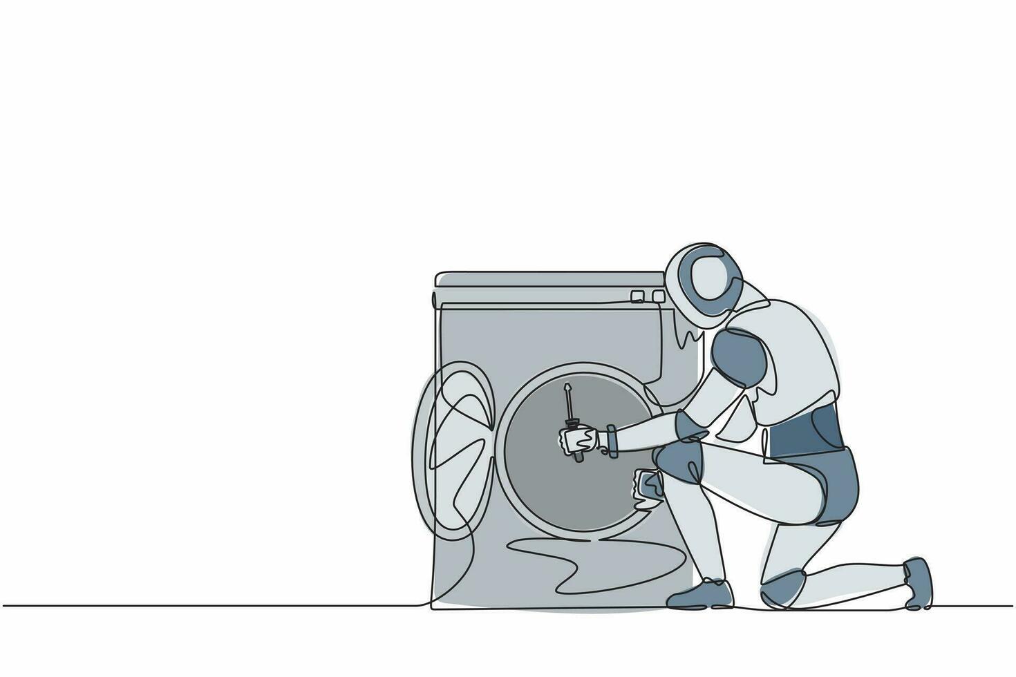 Single one line drawing robot repairman fixing washing machine at home. Future technology development. Artificial intelligence and machine learning. Continuous line design graphic vector illustration