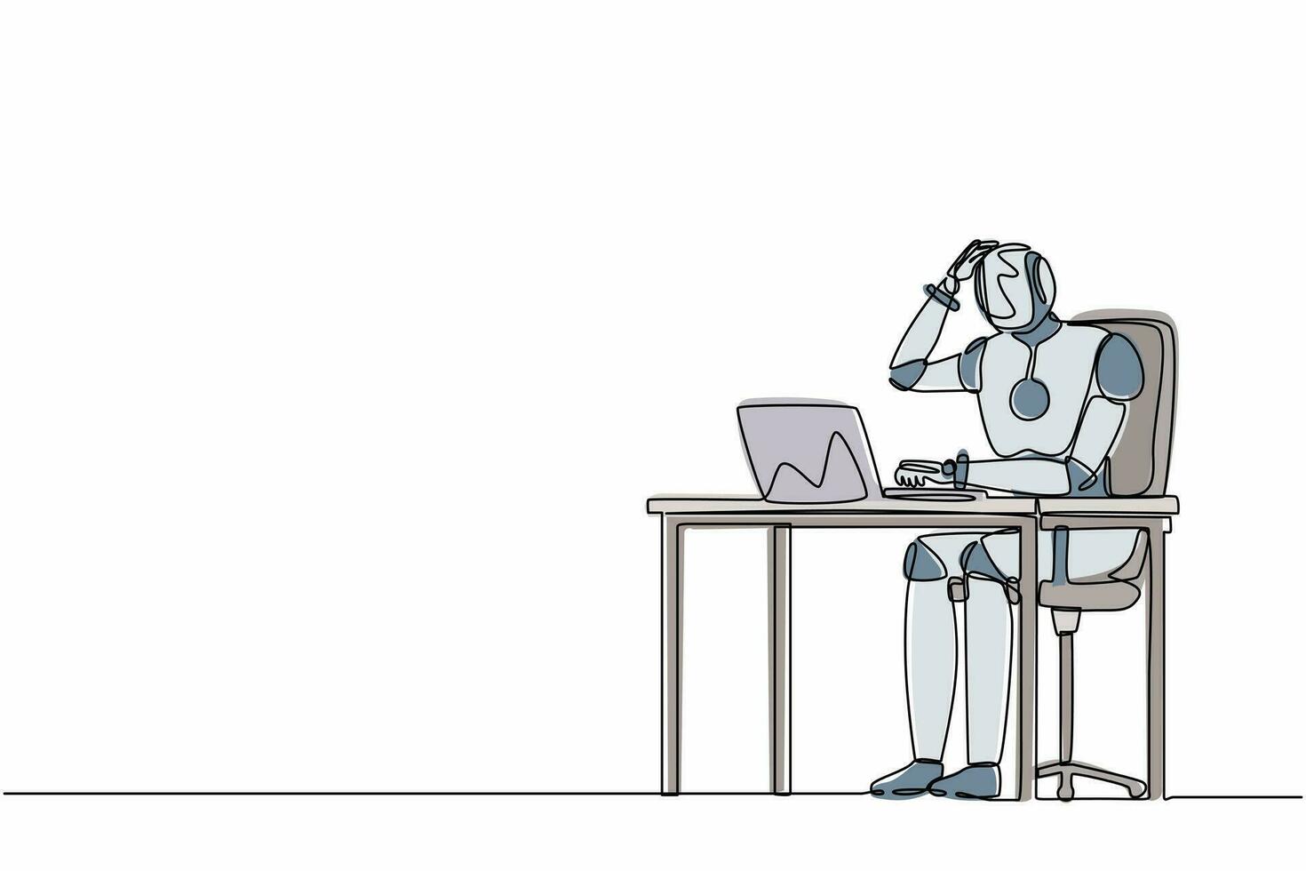 Single one line drawing confused robot manager working on computer laptop. Future technology development. Artificial intelligence and machine learning. Continuous line draw design vector illustration