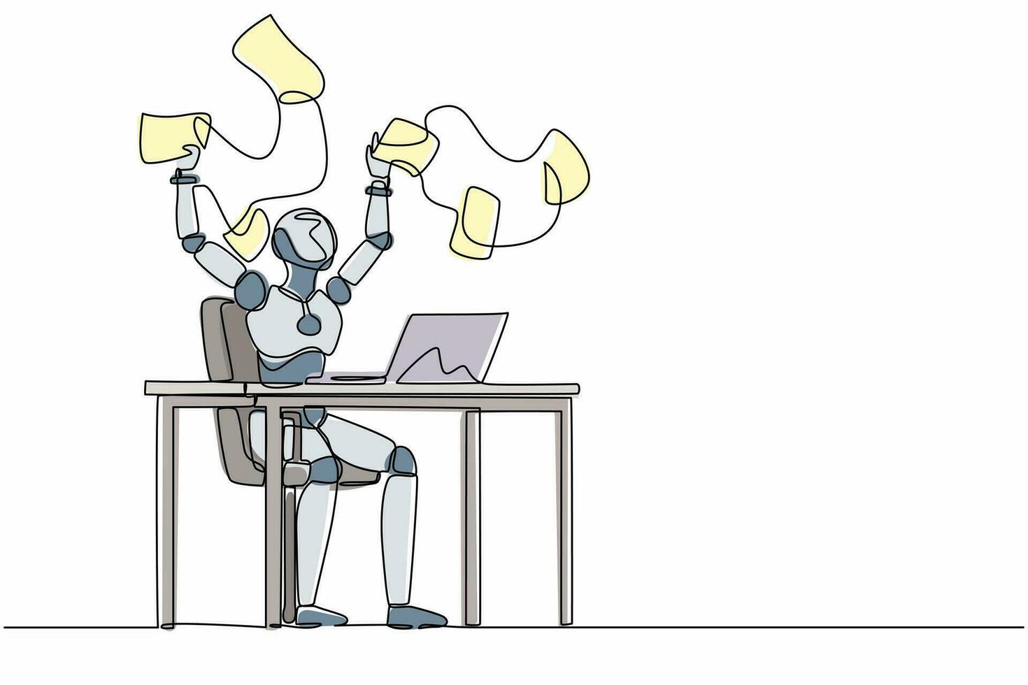Continuous one line drawing happy robot throwing documents in air, enjoying business success. Humanoid robot cybernetic organism. Future robotic development. Single line design vector illustration