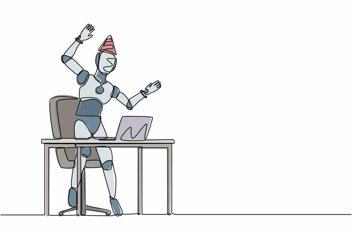 Single continuous line drawing robot stands in office with hand raised, computer celebrating success. Robotic artificial intelligence. Electronic technology. One line draw design vector illustration