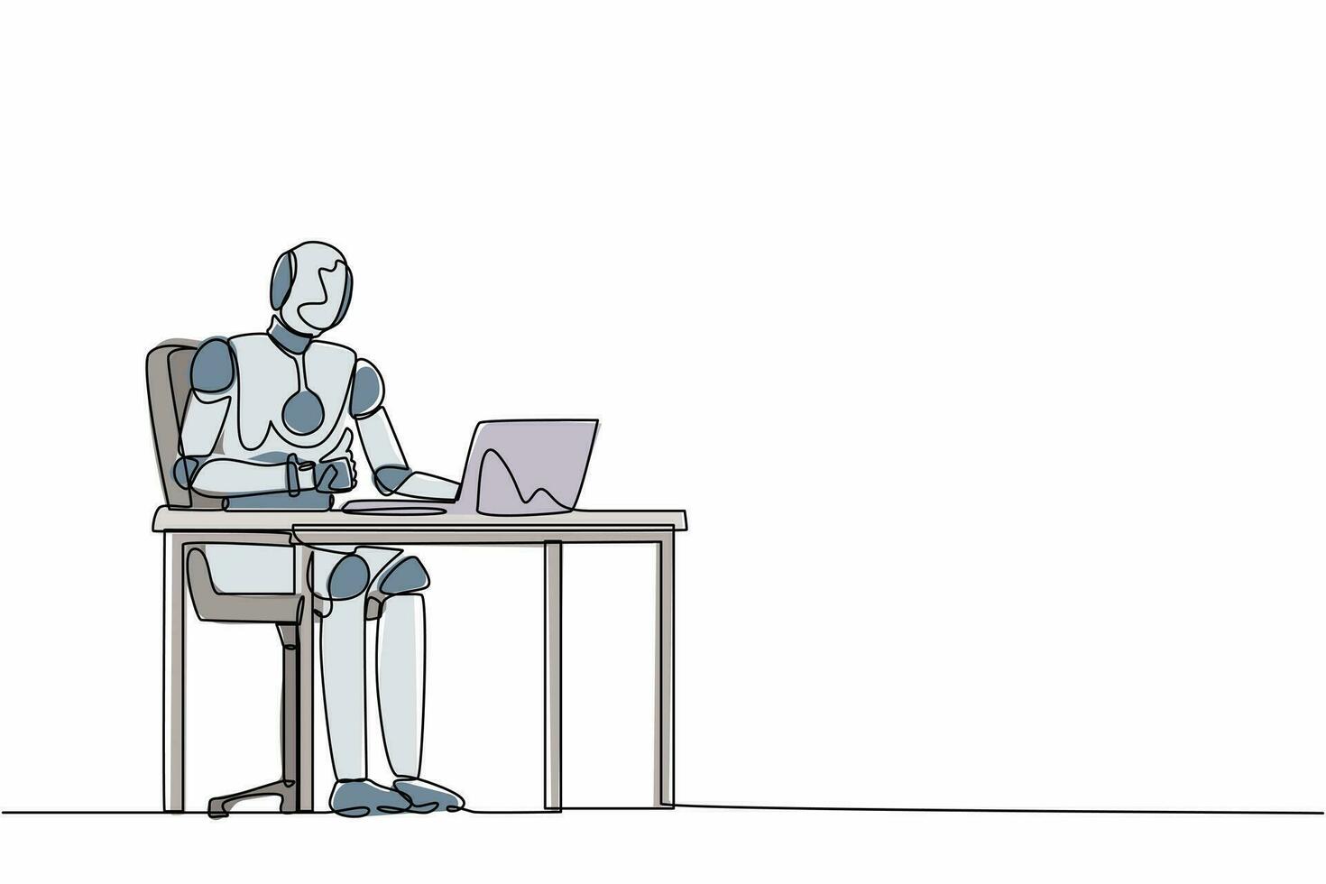 Continuous one line drawing robot giving thumbs up sign in front of computer. Humanoid robot cybernetic organism. Future robotics development concept. Single line design vector graphic illustration