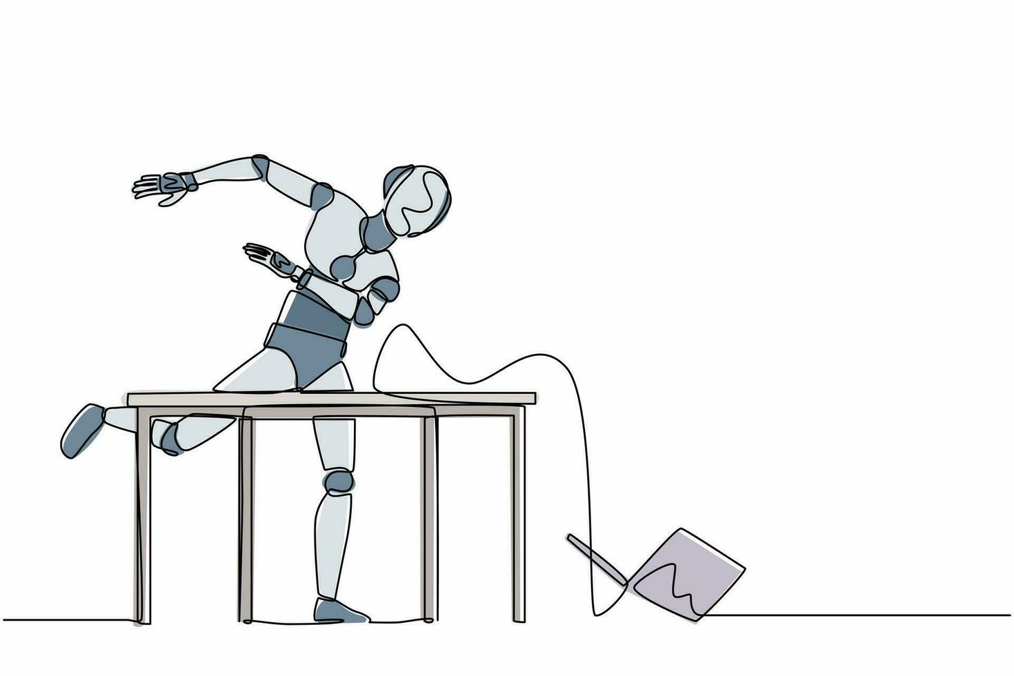 el robot frustrado de dibujo continuo de una línea está enojado y arrojando la computadora portátil. organismo cibernético robot humanoide. futuro concepto de desarrollo de robótica. ilustración gráfica de vector de diseño de dibujo de una sola línea