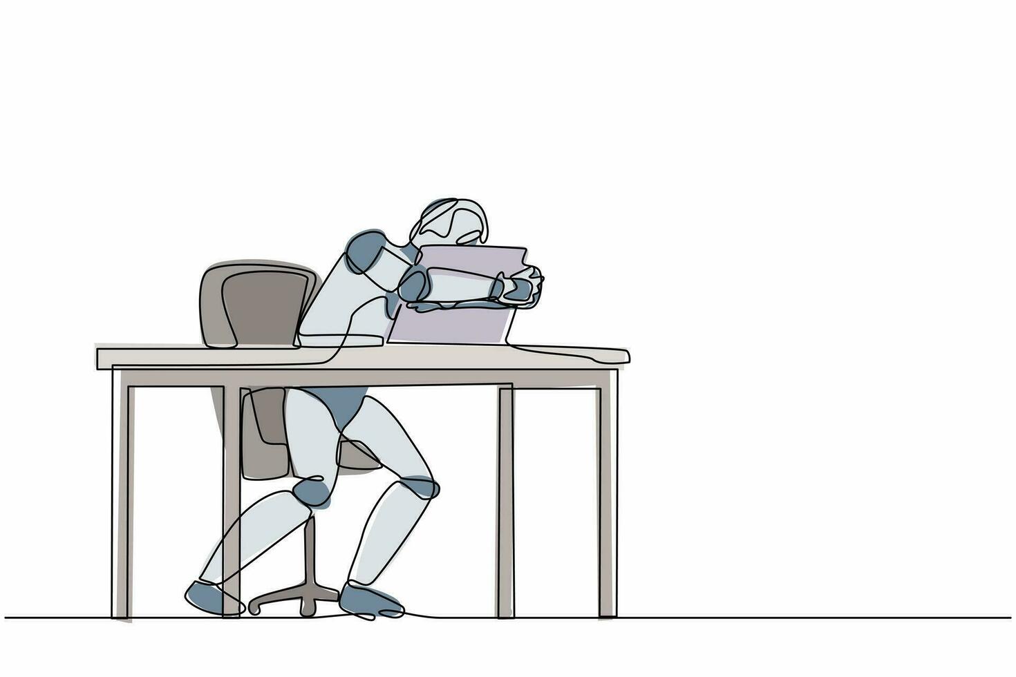 Single continuous line drawing robot sitting and hugging laptop at office. Modern robotic artificial intelligence. Electronic technology industry-. Dynamic one line graphic design vector illustration