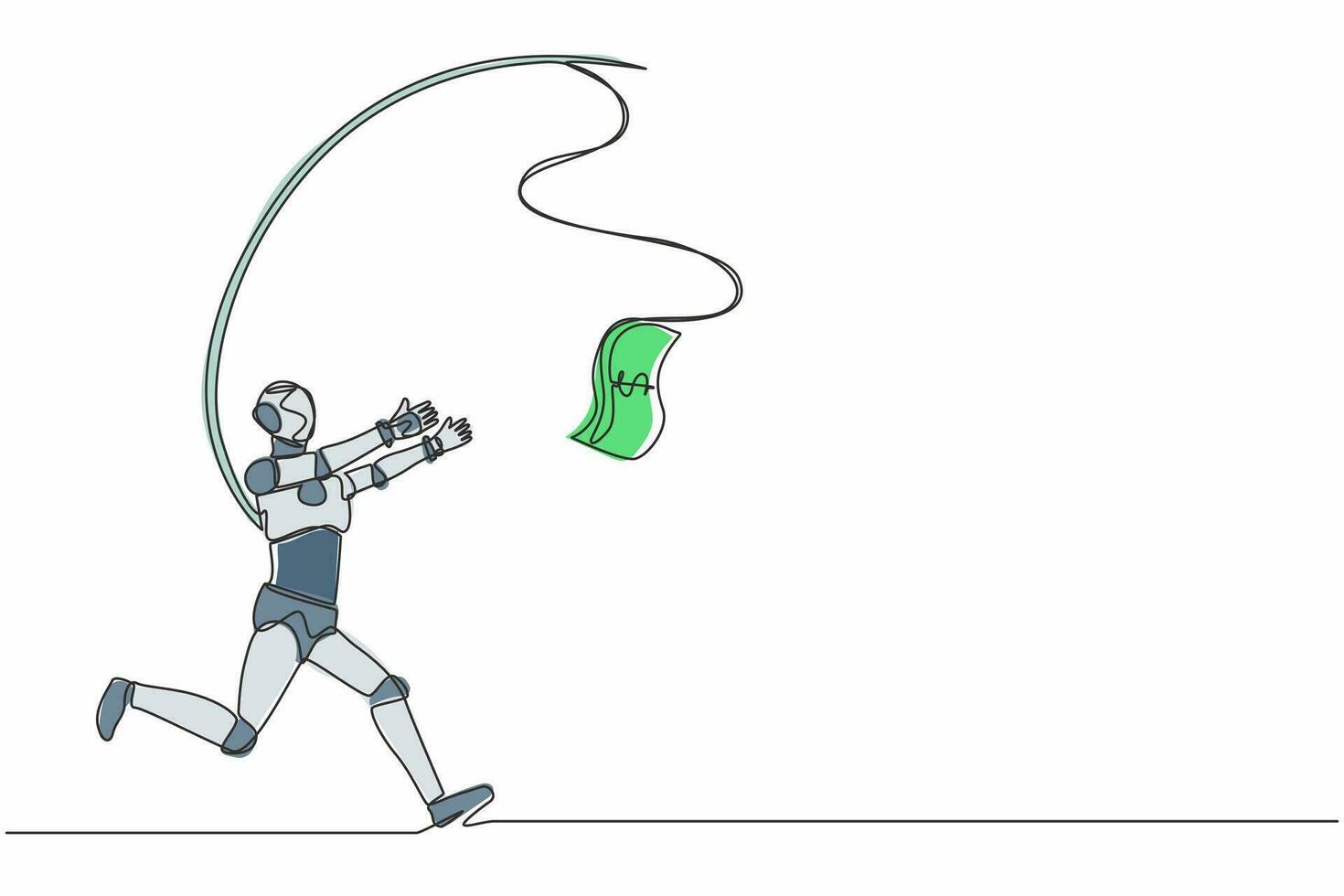 Single continuous line drawing robot running after money. Greedy robot with attached rod and dollar. Robotic artificial intelligence. Electronic technology. One line draw design vector illustration