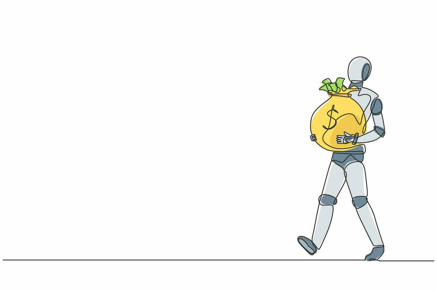 Single one line drawing robot walking and carrying big heavy sack full of cash money. Future technology. Artificial intelligence and machine learning. Continuous line draw design vector illustration
